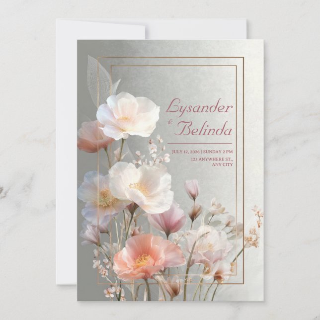 Convites Moldura de casamento em ouro rosa papoula translúc (Frente)