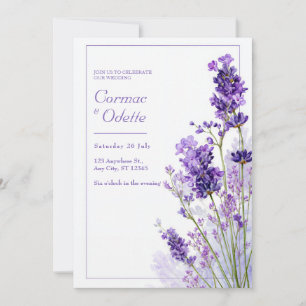Convites Moldura de Casamento Lavanda Aquarela Roxa Fina