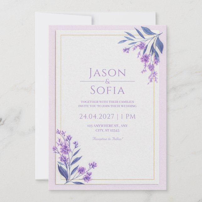 Convites Moldura de Casamento Lavanda Dourada Aquarela Folh (Frente)