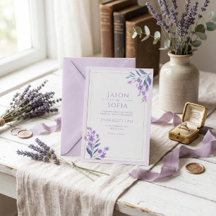Convites Moldura de Casamento Lavanda Dourada Aquarela Folh