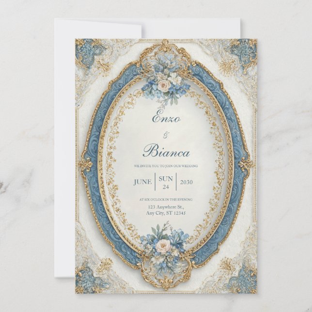 Convites Moldura de casamento oval azul dourado vitoriano r (Frente)