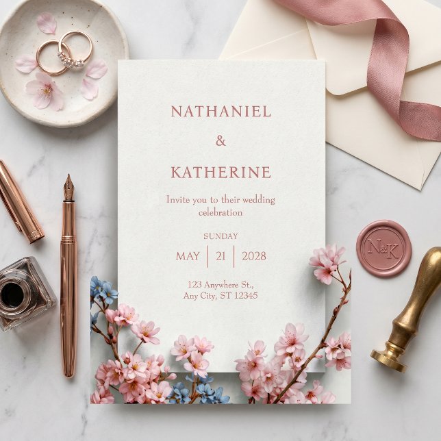 Convites Moldura de casamento Sakura minimalista com gesso  (Criador carregado)