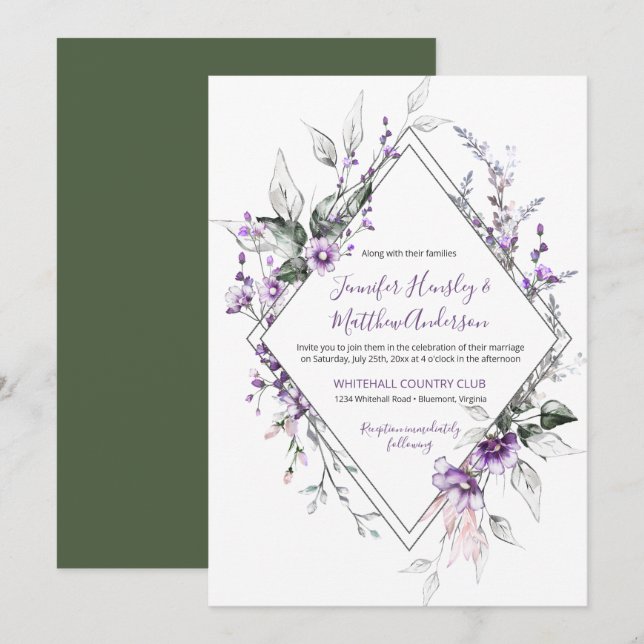 Convites Moldura de Diamante Roxo e Blush Casamento | (Frente/Verso)