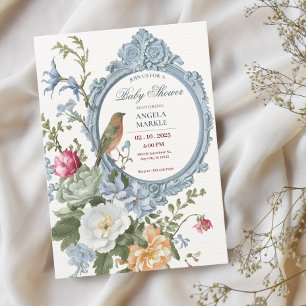 Convites Moldura de floral e pássaro em aquarela Baby Showe