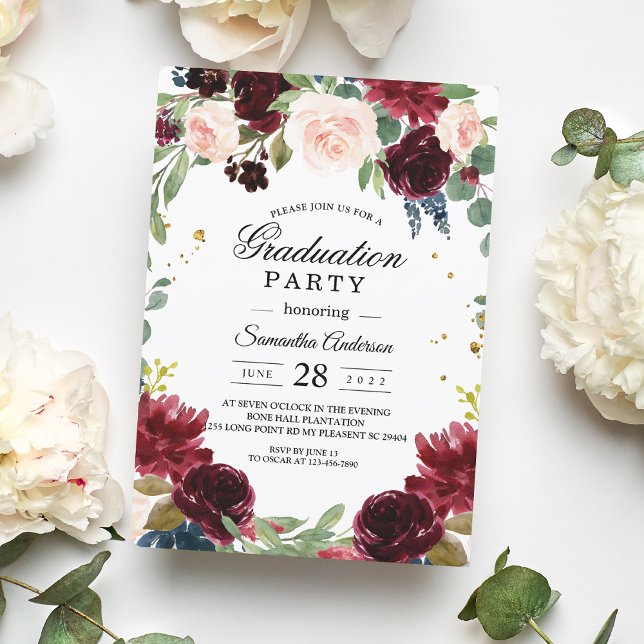 Convites Moldura de Flores Vermelhas & Azuis Burgundy Rústi (Criador carregado)