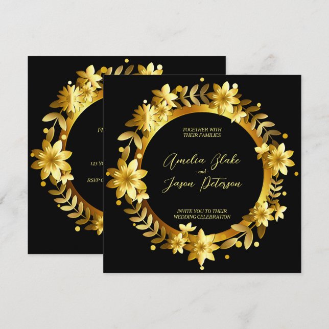 Convites Moldura de Folhas de Louro Dourado Luxuoso para Ca (Frente/Verso)