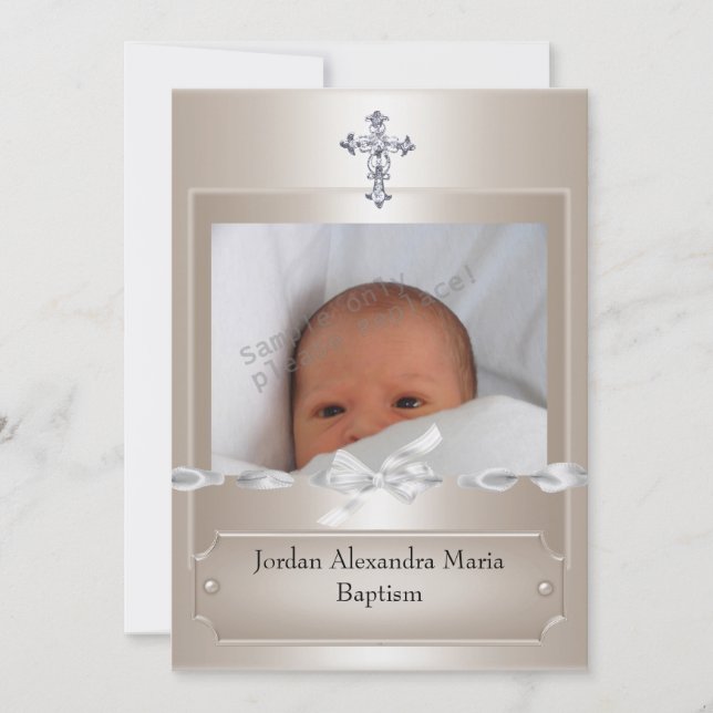 Convites Moldura de foto bege Jewel Cross Batismo longa (Frente)
