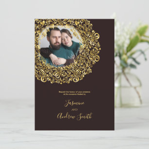 Convites Moldura de Foto Damasco Dourado Aniversário