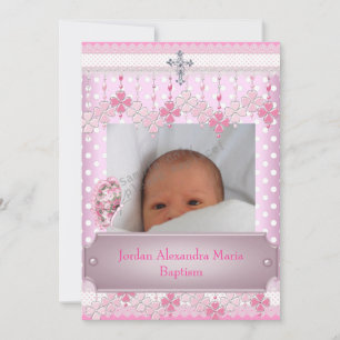 Convites Moldura de Foto Pink White Spot Cruz Batismo