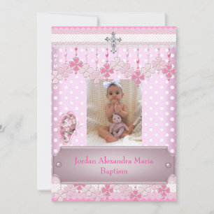 Convites Moldura de Foto Pink White Spot Cruz Batismo 2