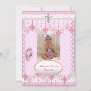 Convites Moldura de Foto Pink White Spot Cruz Batismo 3
