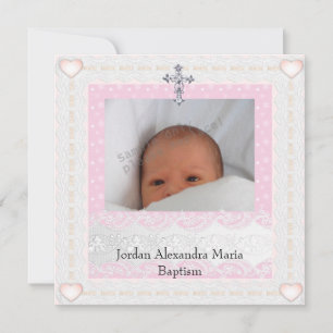Convites Moldura de Foto Rosa Branca Jóia Cruz Batismo