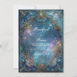 Convites Moldura de Galáxia Celestial com Dourado e Azul Tu