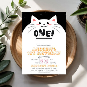 Convites Moldura de Gato Fofo Estrelas Brilhantes 1º Aniver