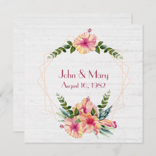 Convites Moldura de Hibisco de Aniversário em Madeira Branc (Frente/Verso)