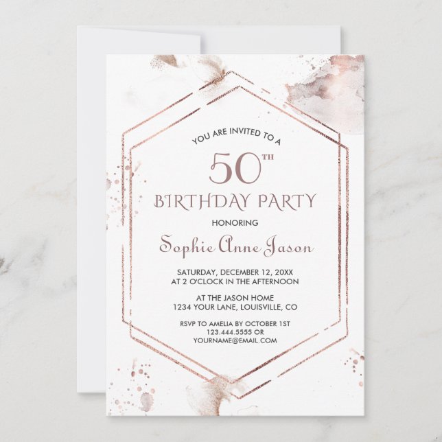Convites Moldura de Luxo em Dourado Rosa para 50º Aniversár (Frente)
