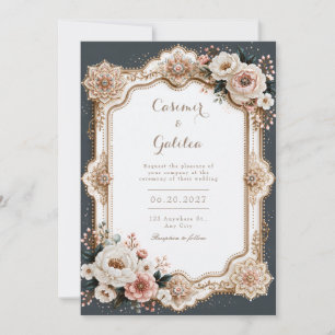 Convites Moldura de Mandala Marfim Rosado Casamento
