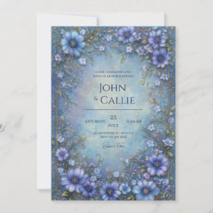 Convites Moldura de Noiva com Flor Ornamental Azul Azure