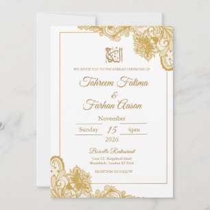 Convites Moldura de Ouro Branco Renda Casamento Islâmico Mu