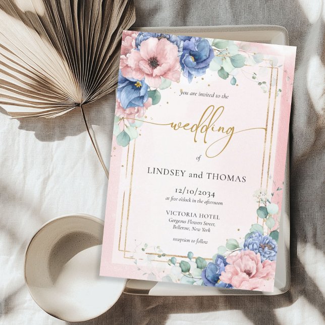 Convites Moldura de ouro floral, cor-de-rosa-boho e azul (Boho pink and blue floral eucalyptus gold frame invitation)