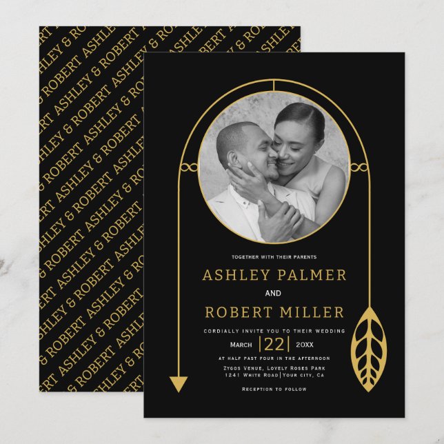 Convites Moldura de ouro moderno com casamento de folhas e  (Frente/Verso)