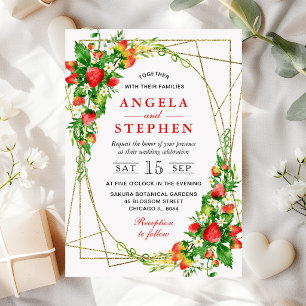 Convites Moldura de Ouro Morangos Florais Aquarela Casament