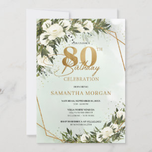 Convites Moldura de ouro verde rosa branca 80 aniversário