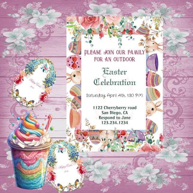 Convites Moldura de Ovos de Páscoa com Coelhinho Floral de  (Watercolor Greenery Floral Bunny Easter Eggs Frame Invitation)