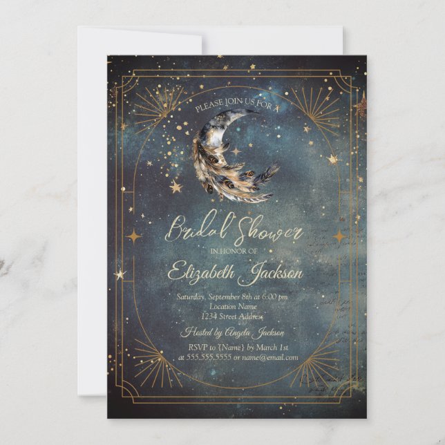 Convites Moldura de Pena da Lua Celestial Chuveiro Nupcial (Frente)