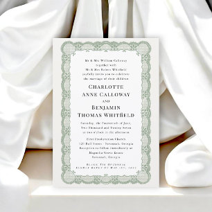 Convites Moldura de Renda Verde Salvia Casamento Tradiciona