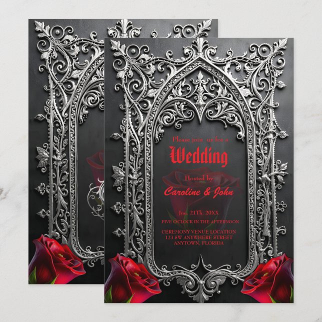 Convites Moldura de Rosa de Casamento Gótico Elegante (Frente/Verso)