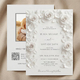 Convites Moldura de Rosas 3D Brancas Casamento Minimalista