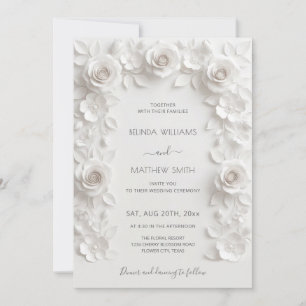 Convites Moldura de Rosas 3D Brancas Casamento Simples