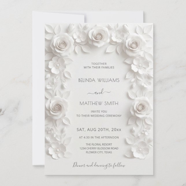 Convites Moldura de Rosas 3D Brancas Casamento Simples (Frente)