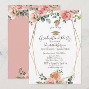 Convites Moldura de Rosas Coradas, Tampa de Gradução, Gradu