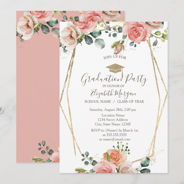 Convites Moldura de Rosas de Blush,Boné de Formando,Graduaç (Frente/Verso)