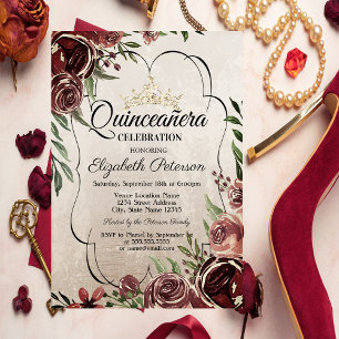 Convites Moldura de Rosas Vermelhas Quinceañera
