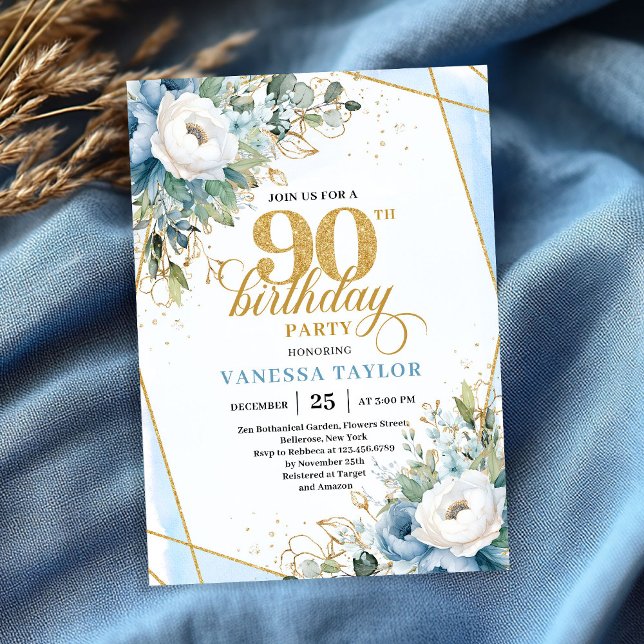 Convites Moldura de script dourado azul empoeirado moderna  (Dusty blue gold script frame modern 90th birthday invite)