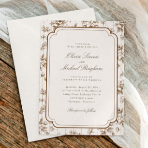 Convites Moldura de Toile Francês Casamento Creme Marrom Vi
