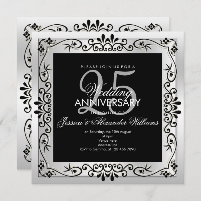Convites Moldura Decorativa Prata Chic de 25º Aniversário (Frente/Verso)