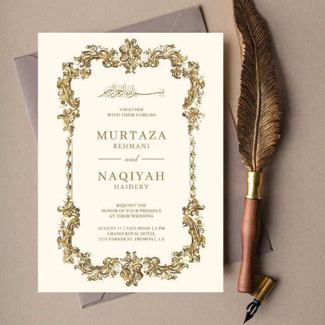 Convites Moldura Dourada Antiga Creme e Dourado Casamento M (Criador carregado)