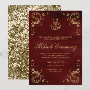 Convites Moldura Dourada Antiga Vermelho Borgonha Mehndi Is