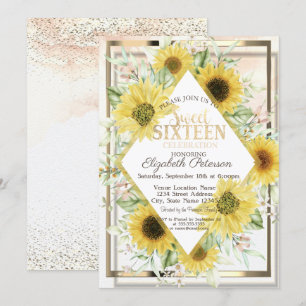 Convites Moldura Dourada Aquarela Girassóis Sweet 16