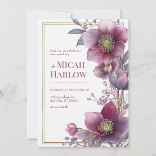 Convites Moldura Dourada Botânica de Hellebore de Ameixa Pr