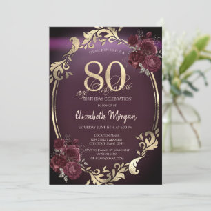 Convites Moldura Dourada Chic Rosas Bordeaux Aniversário de