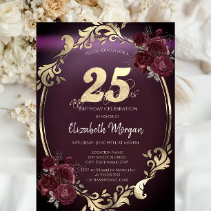 Convites Moldura Dourada Chic Rosas Bordeaux Aniversário de