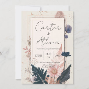 Convites Moldura Dourada com Flores Secas Boho Casamento