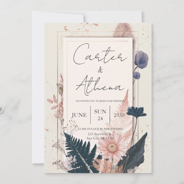 Convites Moldura Dourada com Flores Secas Boho Casamento (Frente)