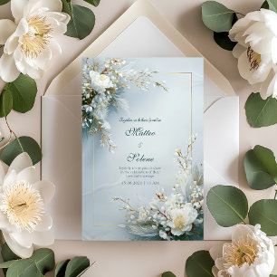 Convites Moldura Dourada com Pena Floral Branca Elegante Ca