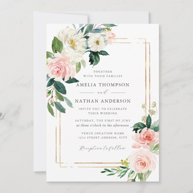 Convites Moldura Dourada com Rubor Floral Casamento (Frente)